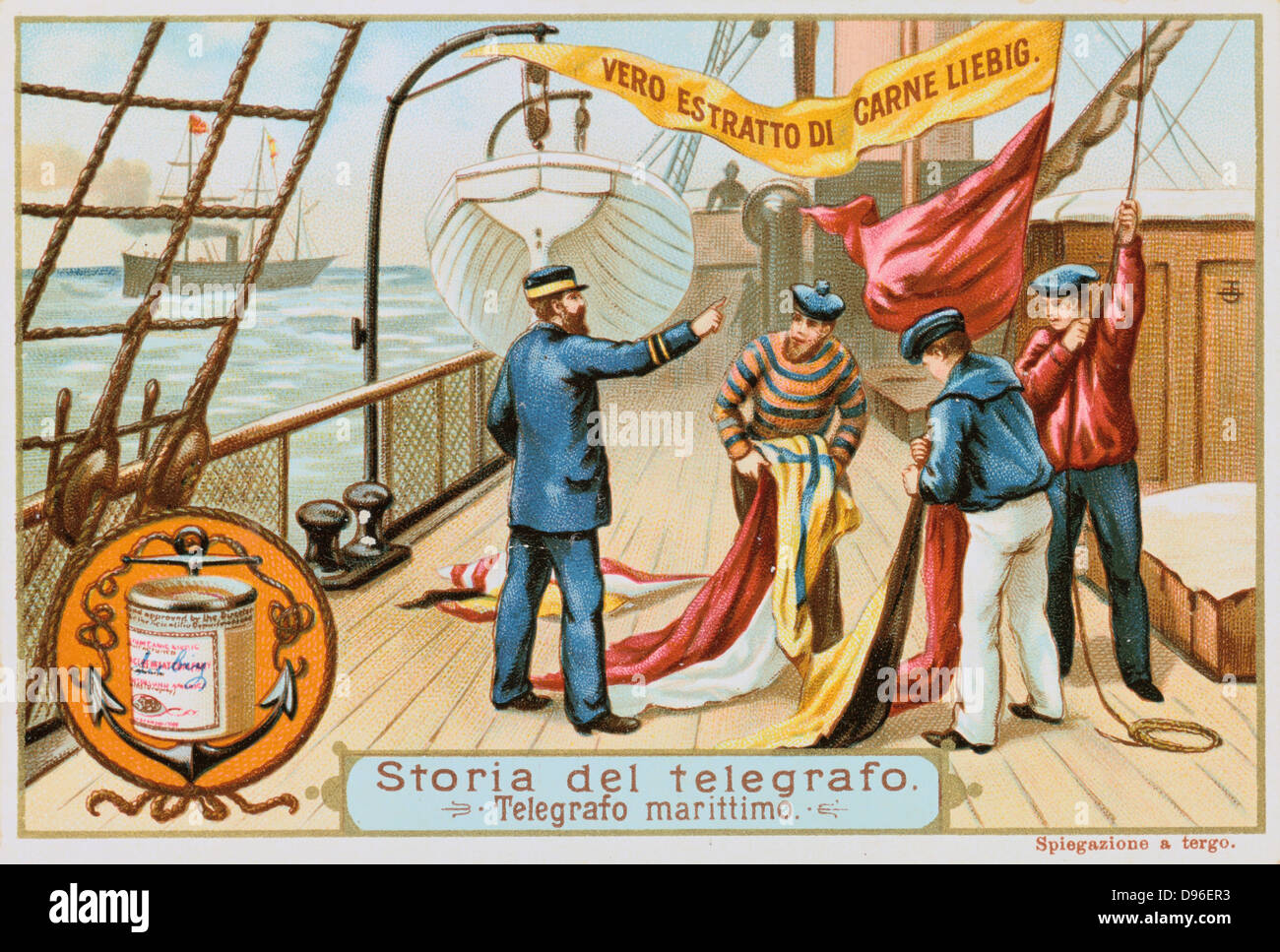 Aerial Telegraph:  Naval Semaphore.   Sailors hoisting flags which have been assembled to convey a message to a nearby vessel.  Liebig trade card issued c.1900. Chromolithograph . Stock Photo