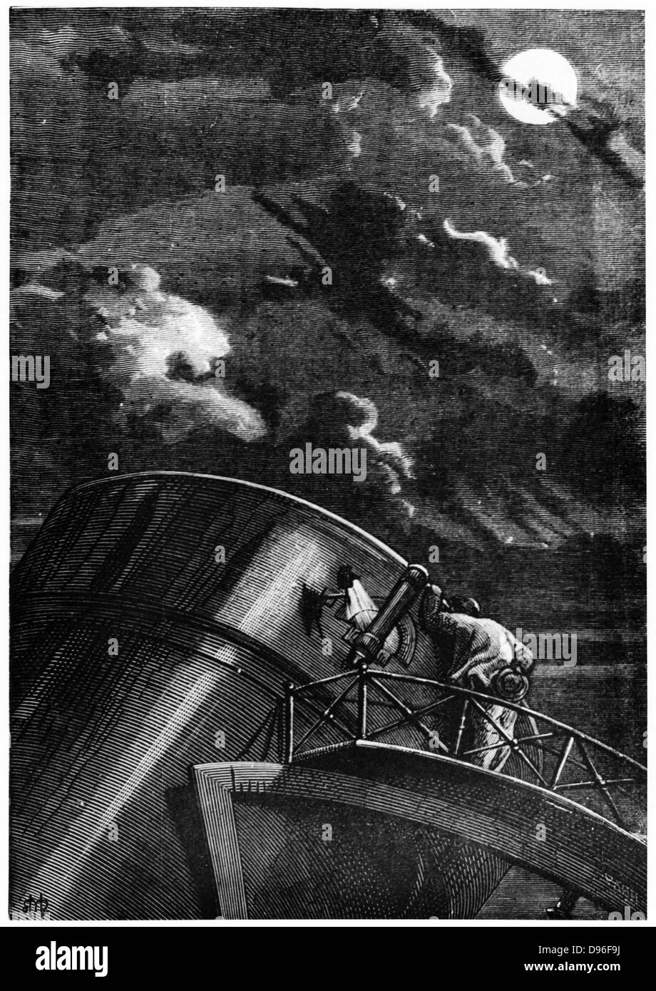 Director of Cambridge Observatory, Massachusetts, using the reflecting telescope on the Rocky Mountains to watch the launch of the space capsule 'Columbiad'. From Jules Verne 'De la Terre a la Lune', Paris, 1865.   Wood engraving. Stock Photo