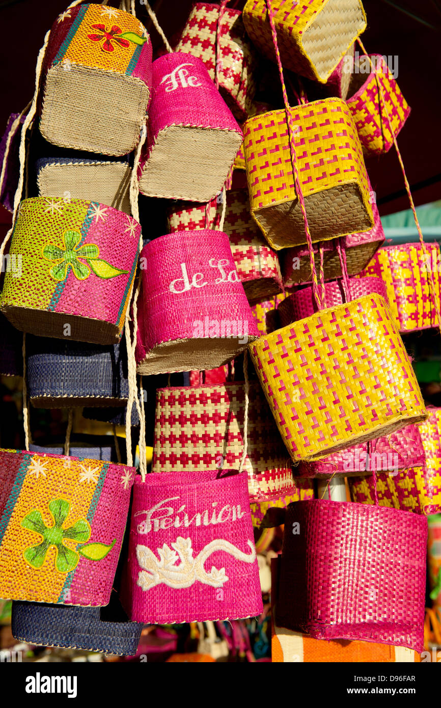 Bags for sale at the market in the village of St Paul on the French island of Reunion in the Indian Ocean. Stock Photo