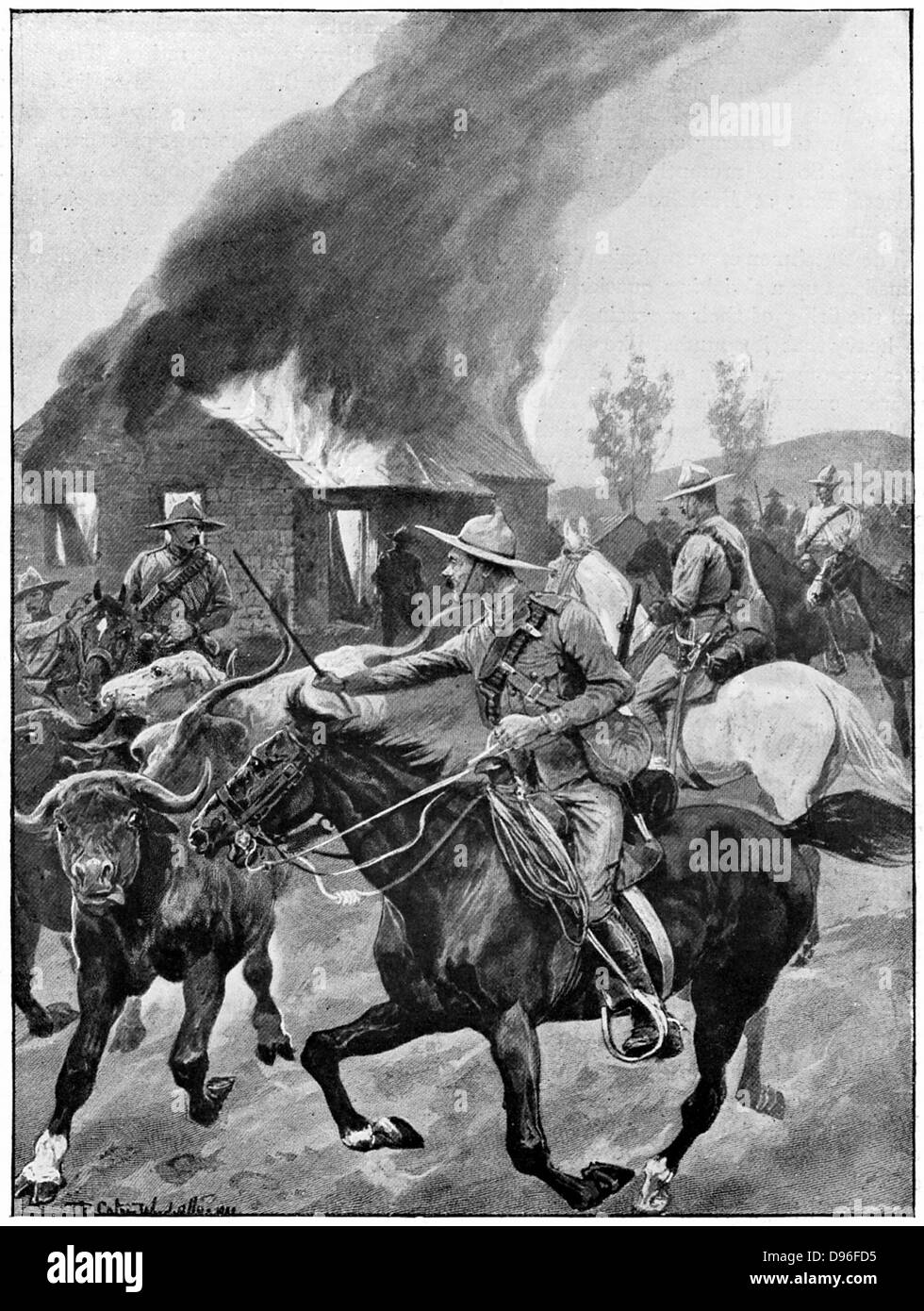 British colonial troops burning a rebel Boer's farm. After painting by R. Caton Woodville. 2nd Boer War 1899-1902. Stock Photo