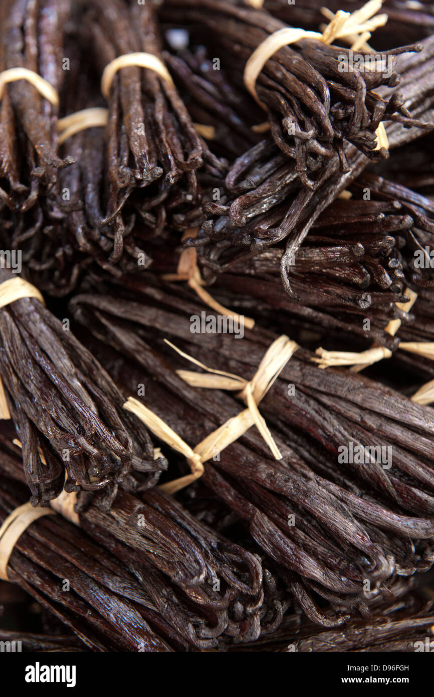 Vanilla sticks for sale at the market in the village of St Paul on the French island of Reunion in the Indian Ocean. Stock Photo