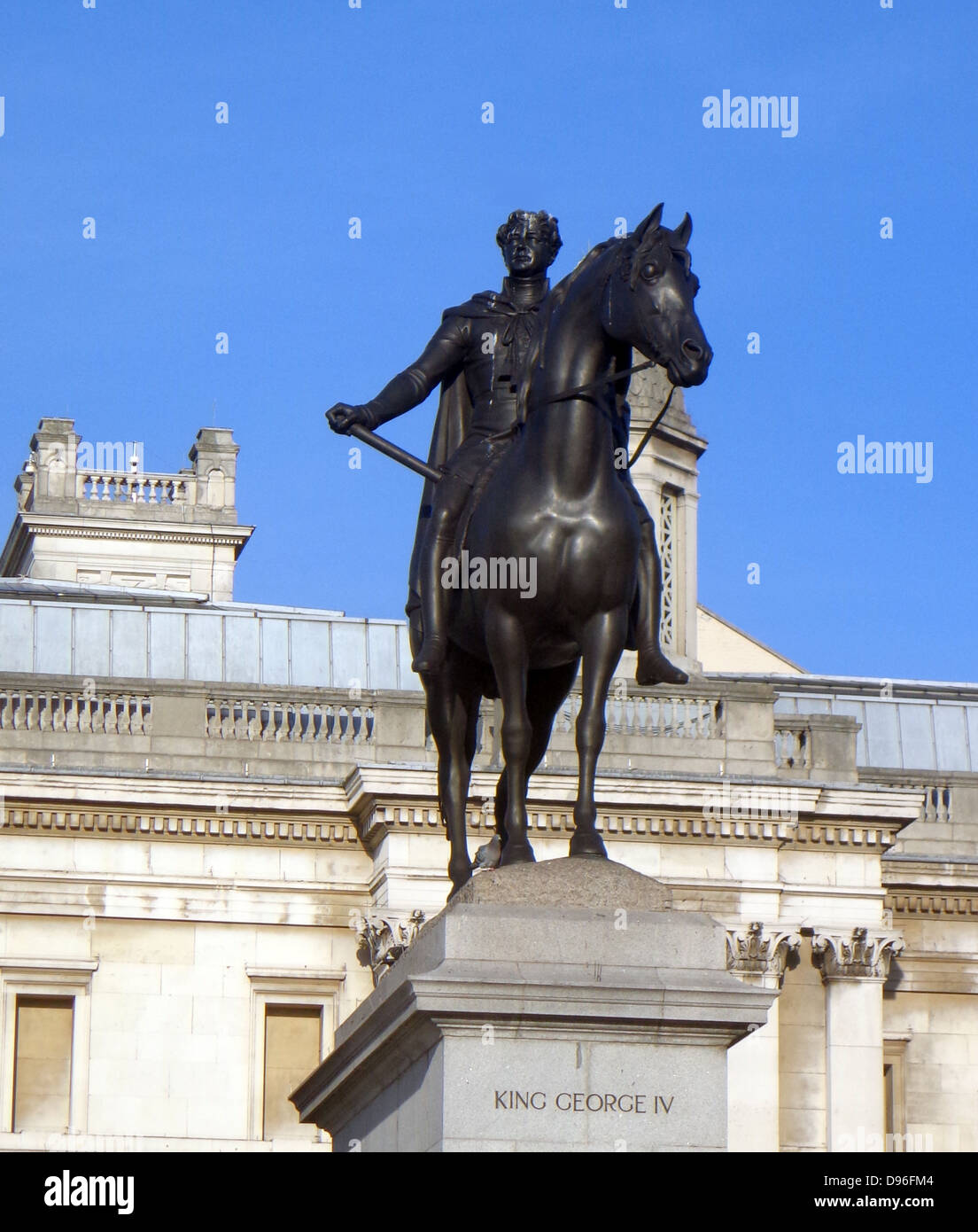 Sculpture of King George IV on horseback. Bronze equestrian statue by Sir Francis Legatt Chantrey Located in Trafalgar Square, London. Cast in 1828, unveiled in 1843. Stock Photo