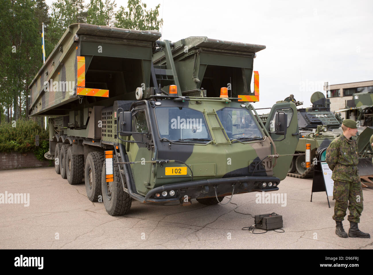 The bridge laying system Leguan on a Sisu 10x10 bridge vehicle at Karelia Brigade of Finnish Defense Forces. Stock Photo
