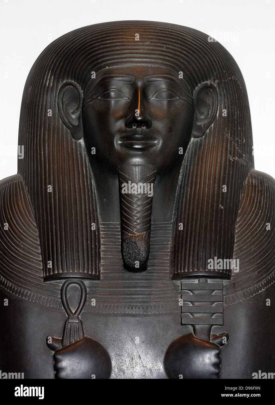 Sarcophagus-lid of the Vizier Sisebek. 26th Dynasty (approx. 600BC) Egyptian. Made of schist. A figure of the goddess Nut adorns the chest, as well as hieroglyphs stating a prayer for offerings. Stock Photo