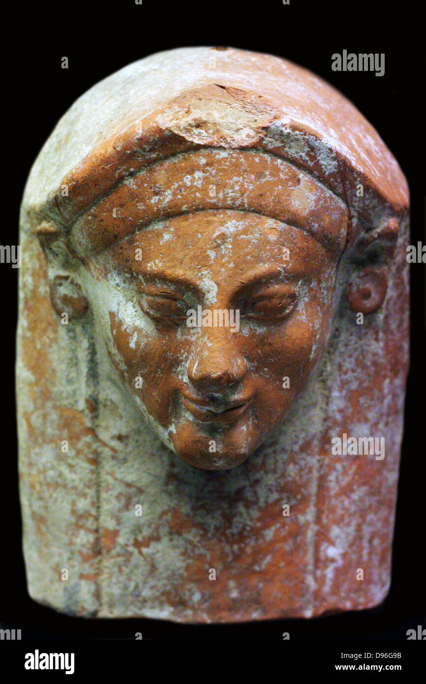 Terracotta protome in the form of a woman's head. From a tomb in the Fikellura cemetery of Kamiros, Rhodes Made in East Greece, about 500-450 BC Stock Photo