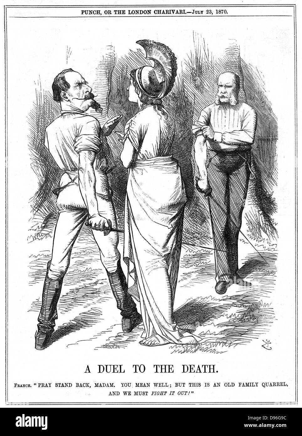 Franco-Prussian War 1870-1871: Britannia trying to restrain Napoleon III embarking on war with Germany. French declaration delivered to Berlin 19 July, proclamation  23 July. John Tenniel cartoon from Punch, London, 23 July 1870. Engraving Stock Photo