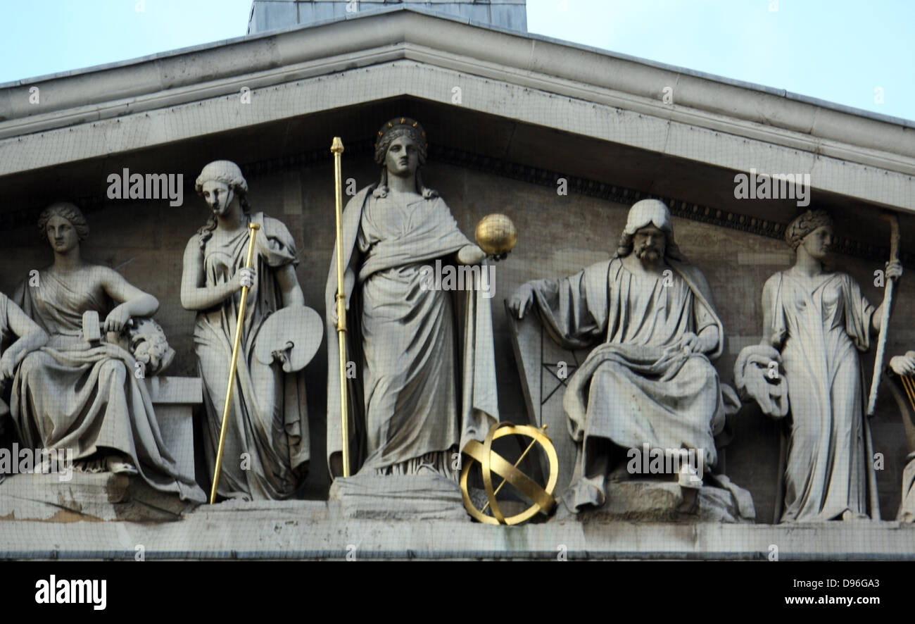 Neo classical relief depicting Greek style figures of learning and the Arts. from the Portico of the British Museum London. Stock Photo