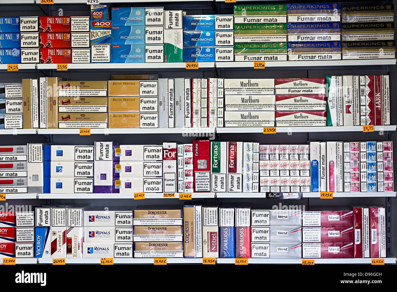 Cigarettes on sale in shop, Lanzarote, Canary Islands, Spain Stock Photo