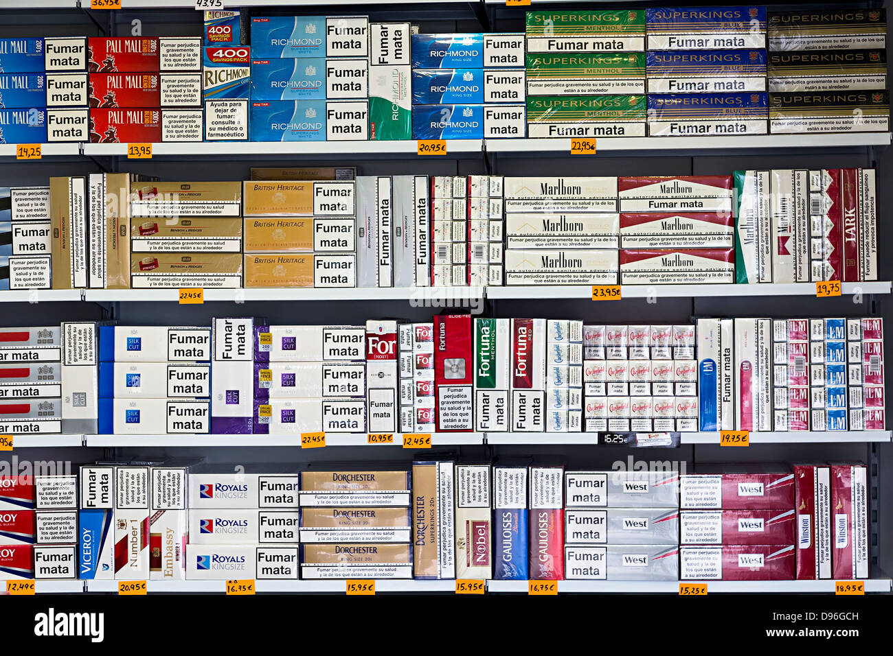 Cigarettes on sale in shop, Lanzarote, Canary Islands, Spain Stock