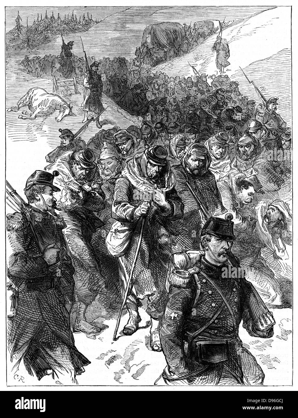 Franco-Prussian War 1870-1871:  General Bourbaki's defeated French army of about 80,000 retreating into Switzerland, 30 January-1 February 1870-1871. Engraving Stock Photo