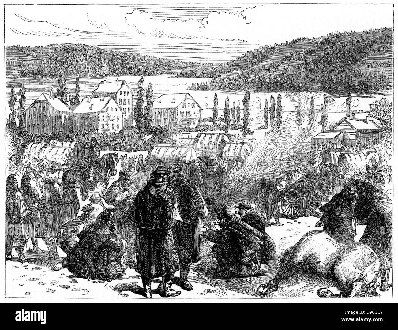 Franco-Prussian War 1870-1871:  General Bourbaki's defeated French army of about 80,000  in Switzerland,  February 1871. Engraving Stock Photo