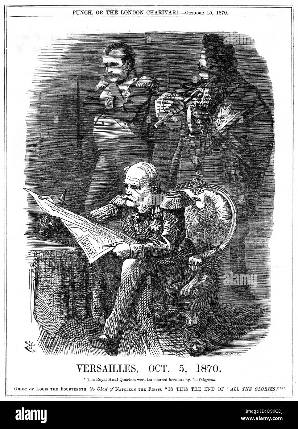 Franco-Prussian War  1870-1871: Shades of Louis XIV and Napoleon I lamenting the fading of France's glory.  On 5 October 1870 Wilhlem I, King of Prussia made Versailles his headquarters, and on 18 January was declared Emperor of Germany in the Hall of Mirrors. John Tenniel cartoon from Punch, London, 15 October 1870. Engraving Stock Photo