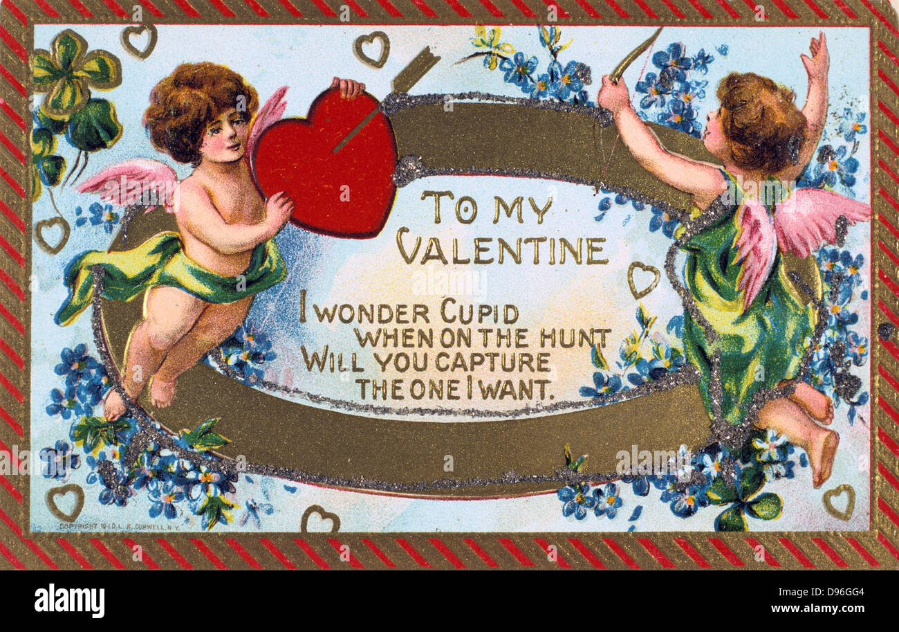 To My Valentine', American Valentine card, c1908.  Cupid shoots an arrow into a heartheld up by a putto. The words are Stock Photo