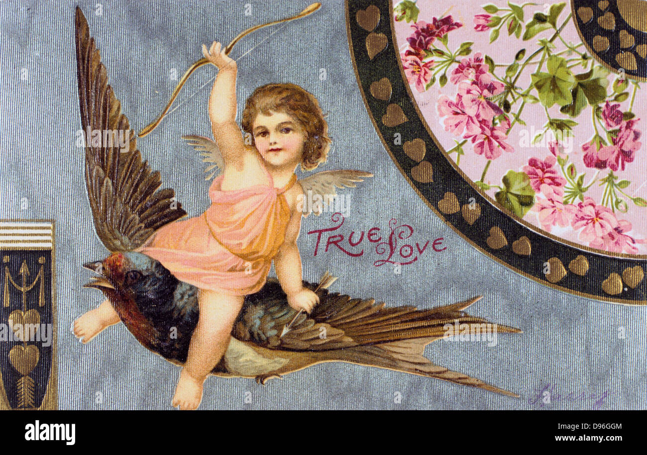 True Love', American Valentine card, 1908. Cupid , his bow held aloft, rides a Swallow, a Bluebird of Happiness.   In Roman mythology Cupid was the son of Venus, goddess of love (Eros and Aphrodite in the Greek Pantheon).  The identity of St Valentine is uncertain, the most popular candidates are Valentine, bishop of Terni (3rd century) or a Roman Christian convert martyred c270).  St Valentine's Day, celebrated on 14 February, probably replaces the Roman pagan festival of Lupercalia. Stock Photo
