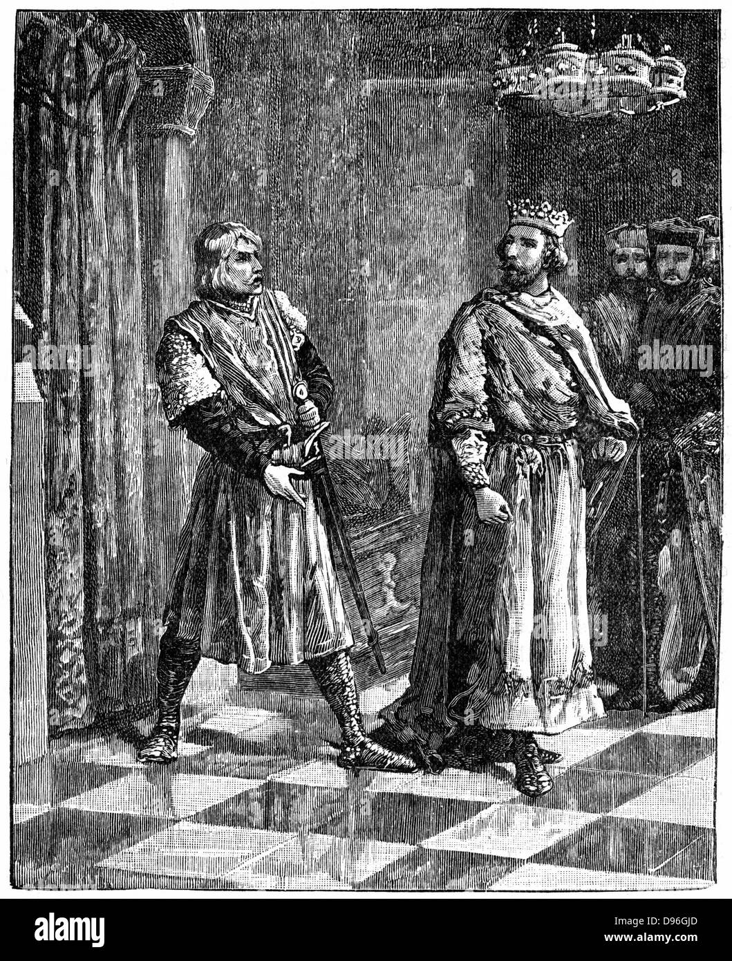 Simon de Montfort, Earl of Leicester (c1208-1265).  De Montfort, English statesman and soldier, quarrelling with Henry III (1207-1272) in 1257. Wood engraving c1880. Stock Photo