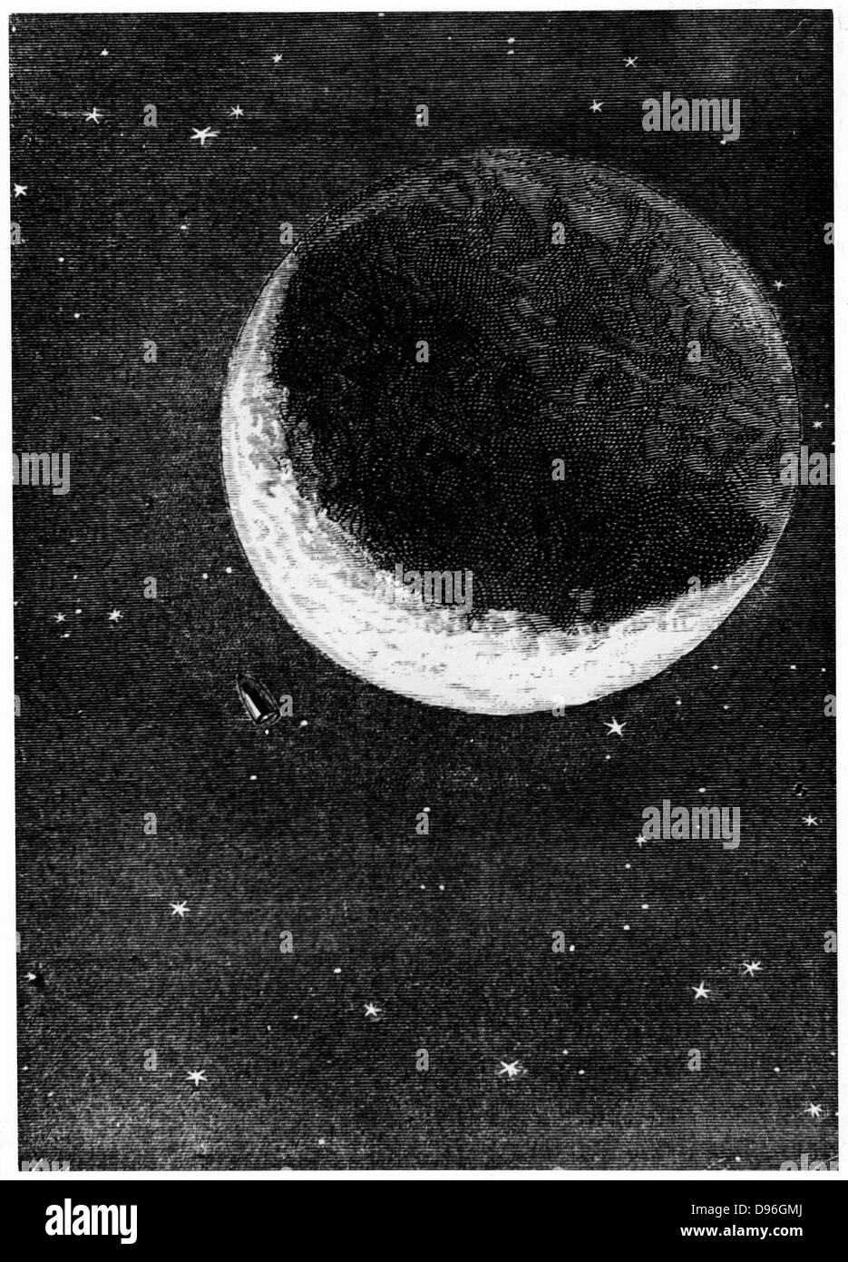 Space capsule dwarfed by the disc of the Moon. From Jules Verne 'Autour ...