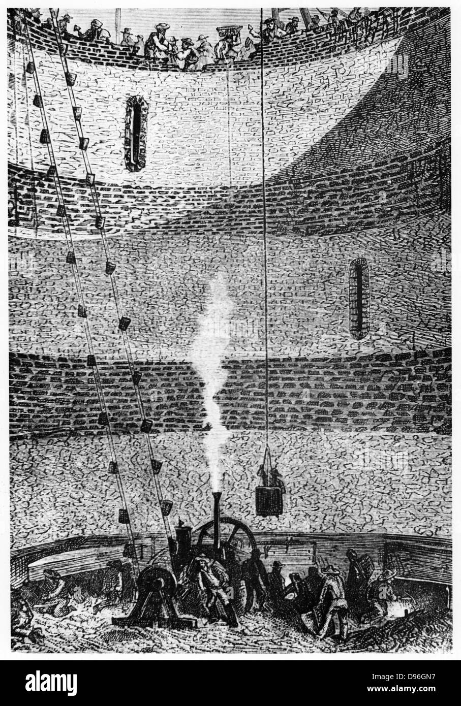 Excavating and lining the pit for casting the great gun for launching the space craft 'Columbiad'. From Jules Verne 'De la Terre a la Lune', Paris, 1865. Wood engraving. Stock Photo