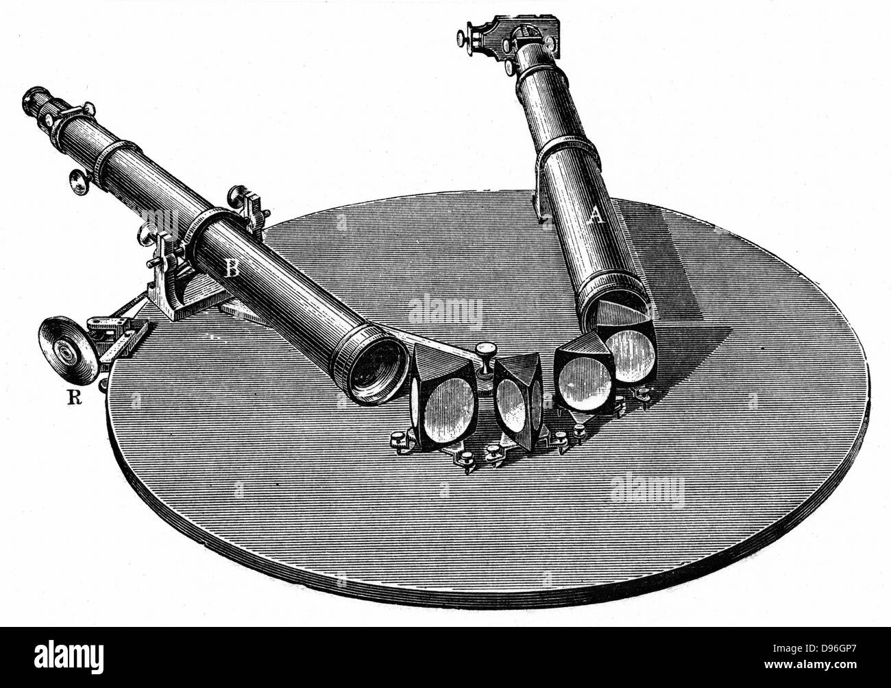 Spectroscope, 1872.  Instrument of the type developed by Robert Bunsen (1811-1899) and Robert Kirchhoff (1824-1887) during the 1850s. Their work provided a precise tool to make use of Joseph von Fraunhofer's (1787-1826) observatians of dark lines in the solar spectrum (1814). The technique of chemical analysis through spectroscopy has become essential in both terrestrial and astronomical studies.  From 'Spectrum Analysis' by H. Schellen. (London, 1872). Stock Photo