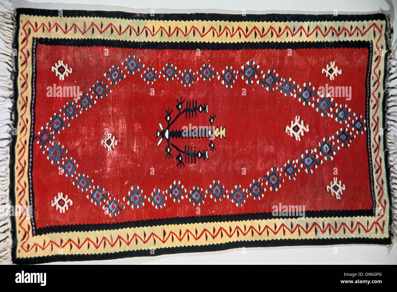 Prayer Kilim: wool. Balkans or Turkey. Islamic Stock Photo