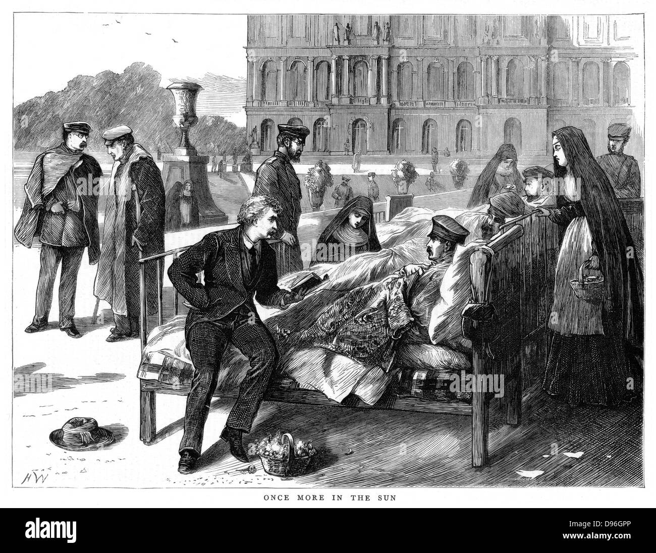Franco-Prussian War 1870-1871: Once More into the Sun, 1870. Wounded German officers  in the Germany military hospital at Versailles being given fresh air and sunshine to aid their recovery. The man reading to them is Daniel Douglas Home (pronounced Hume) the Scottish Spritualist medium.  From 'The Graphic'. (London, 26 November 1870). Wood engraving. Stock Photo