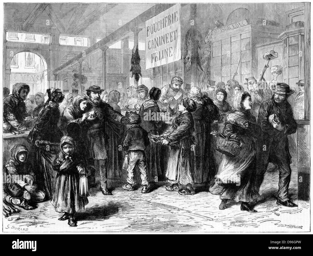 Franco-Prussian War 1870-1871: Dog and cat meat butcher in Paris, 1871. During the war Paris was under siege from September 1870 to late January 1871. Food was scarce and anything edible was considered for consumption including cats and dogs, and the zoo animals from the Jardin des Plantes. From a sketch sent out of Paris by balloon post. From 'The Graphic'. (London, 14 January 1871). Wood engraving. Stock Photo