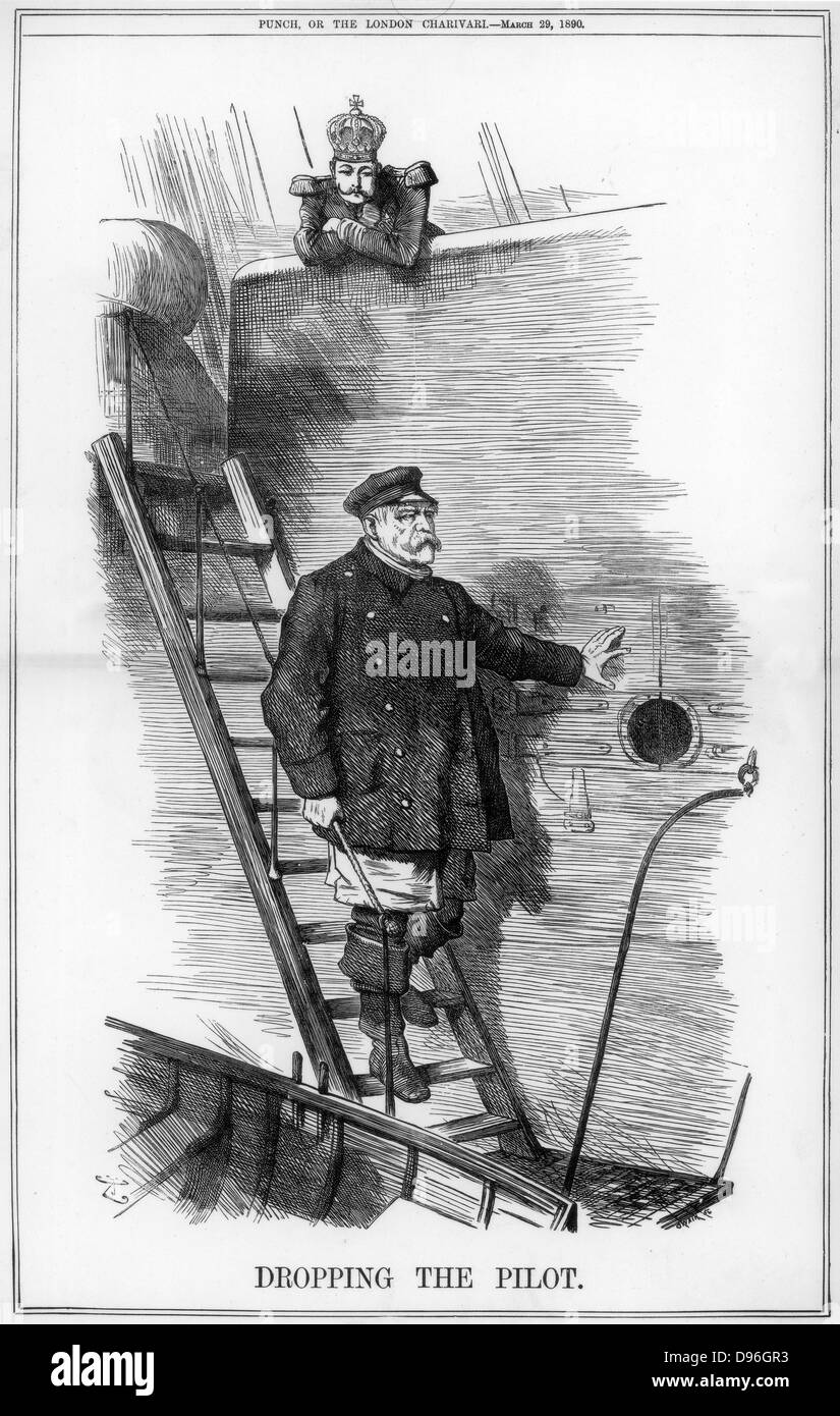 Dropping the Pilot', 1890. Otto von Biskarck (1815-1898) Prussian/German statesman resigned as Chancellor, together with his son the German foreign secretary, because of disapproval of the Emperor Wilhelm II's policies. John Tenniel's cartoon shows Bismarck, who has piloted the German empire since it's inception,  leaving the ship of state watched by Wilhelm II. From 'Punch'. (London, 29 March 1890). Wood engraving. Stock Photo