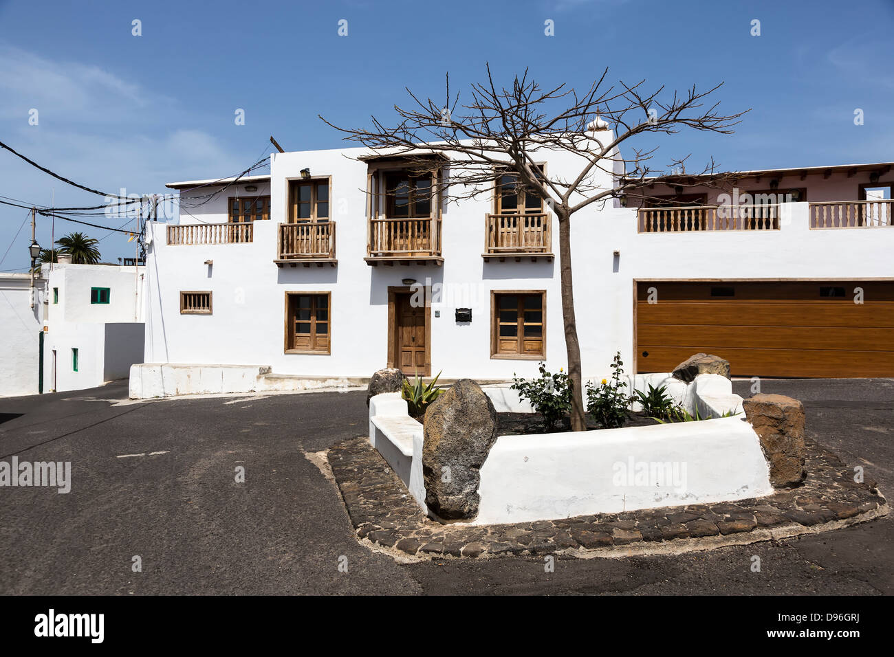 Canarian balconies on house in Haria town, Lanzarote, Canary Islands, Spain Stock Photo