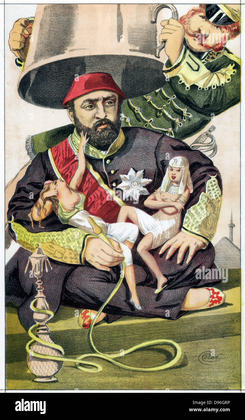 Abd-ul-Aziz (1830-1876), Sultan of Turkey from 1861. At first liberal and westernising, became autocratic. Forced to abdicate after risings in Bosnia, Bulgaria and Herzegovina. Cartoon by Coide (J.J.Tissot 1836-1902) for 'Vanity Fair' London 30 October 1869 showing him about the time of his abdication as a womanising tyrant about to have his power snuffed out. Chromolithograph. Stock Photo