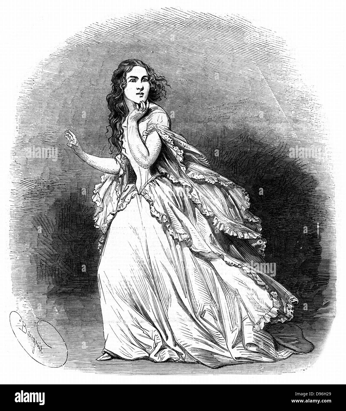 Jenny Lind (1820-87) soprano known as the 'Swedish Nightingale', 1848. Lind in the title role of Donizetti's opera 'Lucia di Lammermoor' based on the novel 'The Bride of Lammermoor' by Walter Scott. This is the final scene where Lucia goes mad: Her Majesty's Theatre, London, 1848. The premier was at Naples in 1835, and the first London performance was in 1838. From 'The Illustrated London News'. (London, 1848).   Wood engraving. Stock Photo