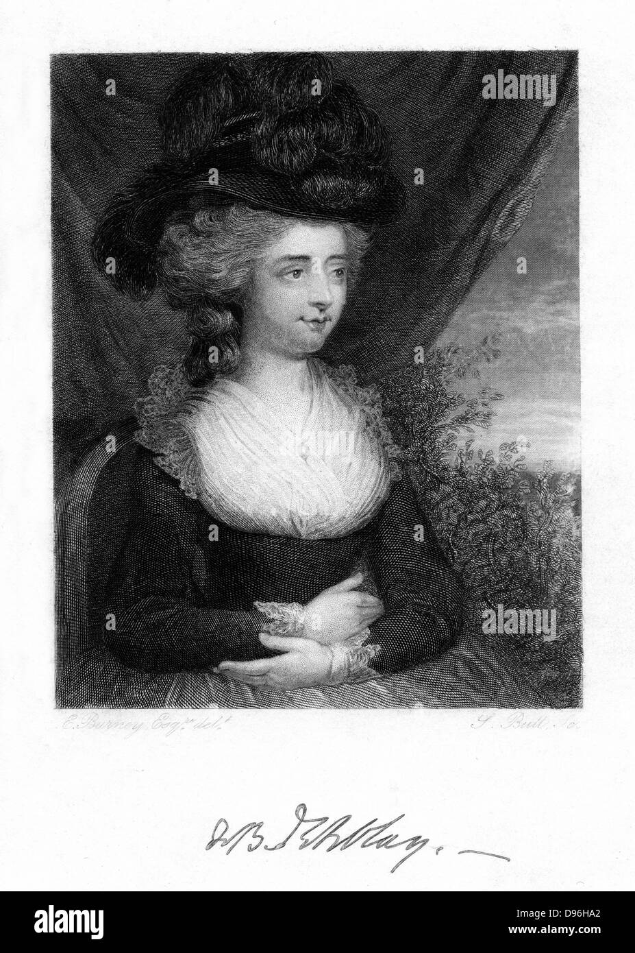 Fanny (Frances) Burney, Madame D'Arblay (1752-1840) English novelist, 1843.  Daughter of the musicologist Dr Charles Burney, in 1793 she married General d'Arblay, a French refugee. Her three major novels are 'Evelina' (1778), 'Cecilia' (1782) and 'Camilla' (1796). From 'Diary and Letters of Madame D'Arblay' by Fanny Burney. ( London, 1843). Stock Photo