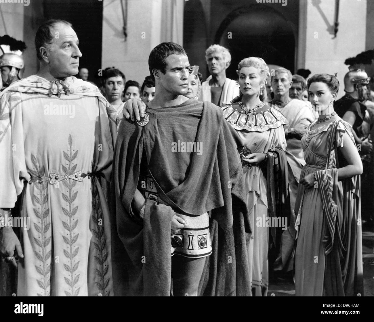 JULIUS CAESAR 1953 MGM film with Marlo Brando as Mark Anthony and Greer Garson behind him as Calpurnia Stock Photo