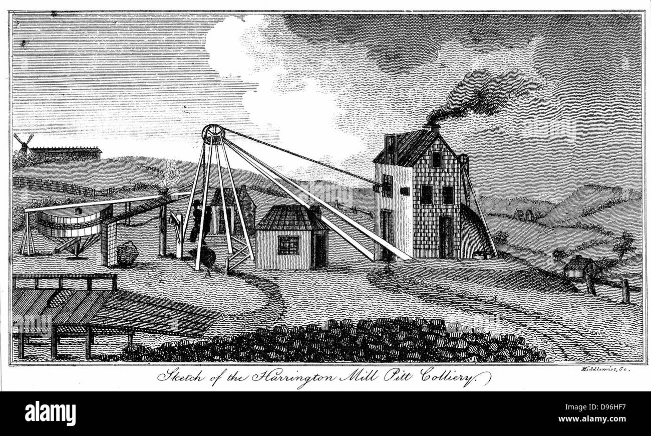 Harrington Pit Mill Colliery. Early 19th century pit head, showing steam engine house, the energy source for winding gear which superseded the horse whim (left). Stock Photo
