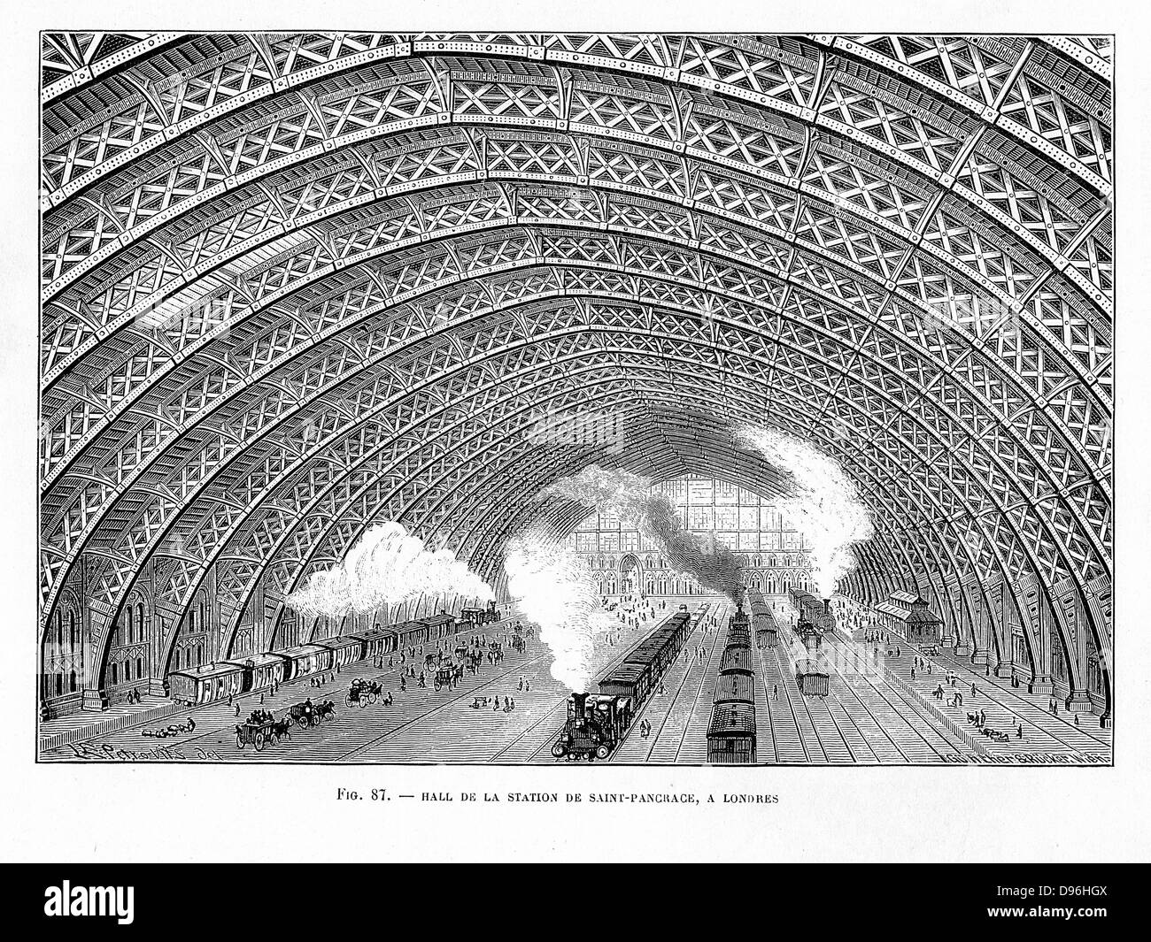 Interior of St Pancras Railway Station, London 1865. Using an iron latticed arched roofand by dispensing with struts and ties,WJ Barlow and RM Marsh were able to construct clean arch 100ft high with span of 140ft. Engraving. Stock Photo