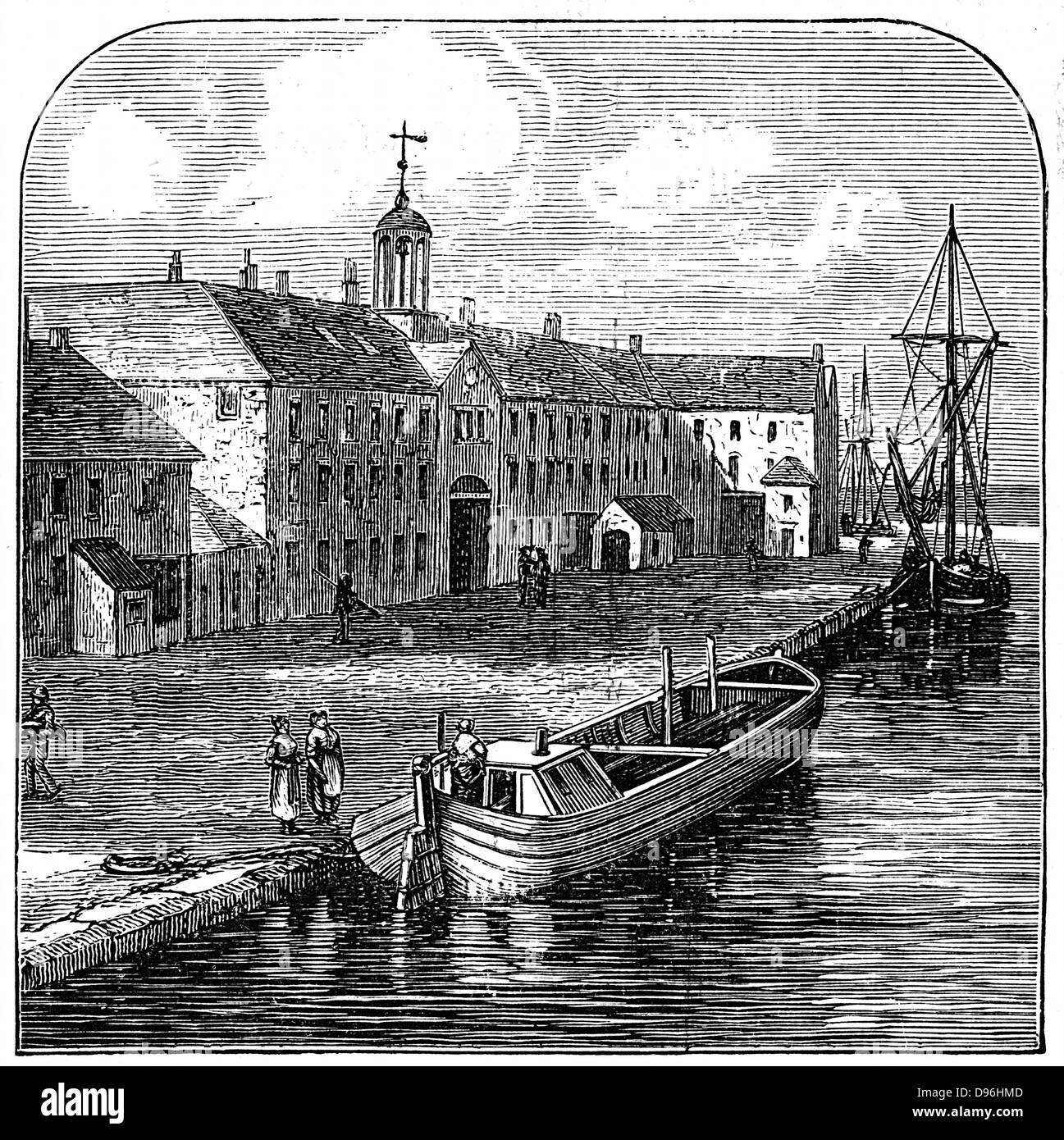 Josiah Wedgwood's (1730-1795) Etruria potteries, Hanley, Staffordshire viewed from the Etruria Canal which was constructed in order to transport finished wares from the potteries. Wood engraving. Stock Photo