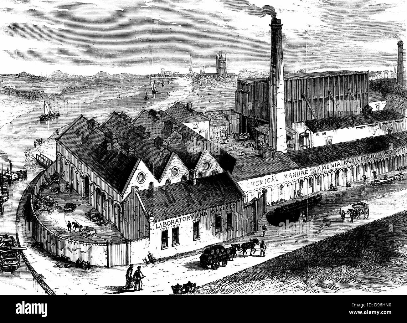 Webb's chemical factory, Diglis, Worcestershire. The tall building to right behind chimney contains lead chambers for production of Sulphuric Acid. Wood engraving c1860. Stock Photo