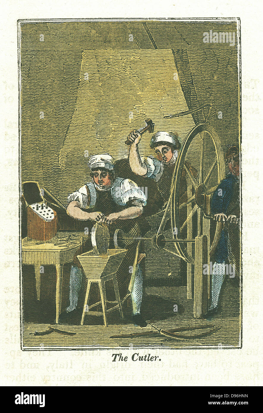 The Cutler. Knife blades are shaped at forge in background and sharpened on grindstone turned by wheel operated by boy on right. Handles would be attached and finished knives would be presented in fitted wooden box on table at left.  Hand-coloured woodcut Stock Photo
