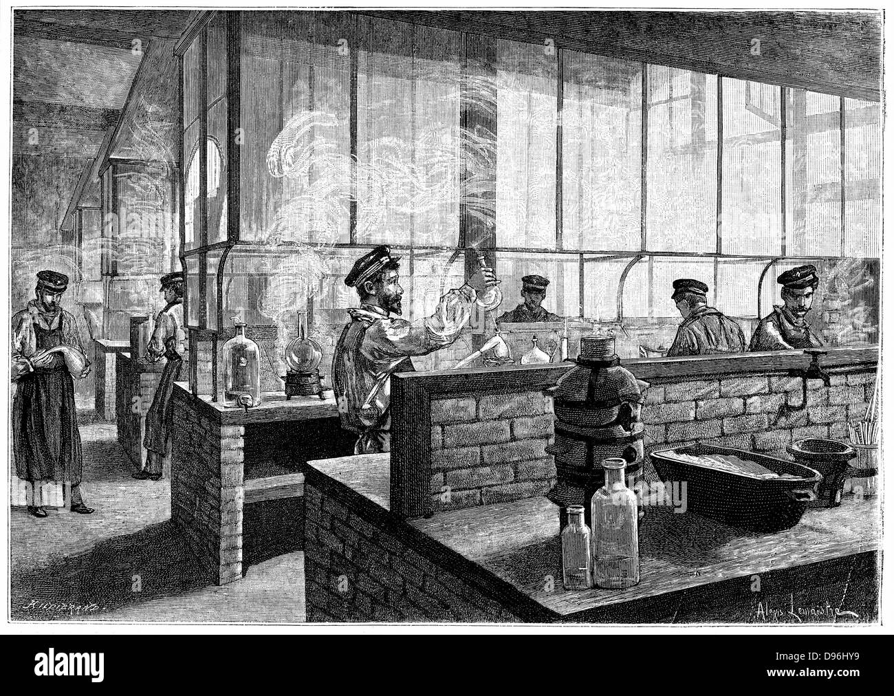 First year students at L'Ecole Centrale des Arts et Manufactures, Paris, doing practical work in the laboratory. Wood engraving, Paris, 1887. Stock Photo