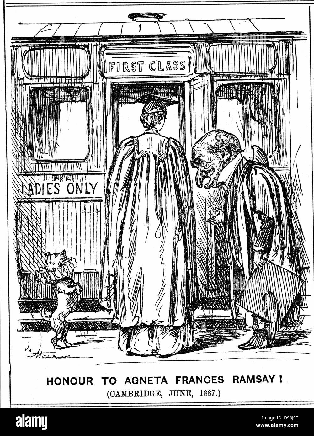 Mr Punch bows to Agneta Frances Ramsay who sat, and passed with First Class Honours, the papers set, but could not receive a degree as Cambridge did not award them to women at this time. George du Maurier cartoon from 'Punch', London, 2 July 1887. Engraving Stock Photo