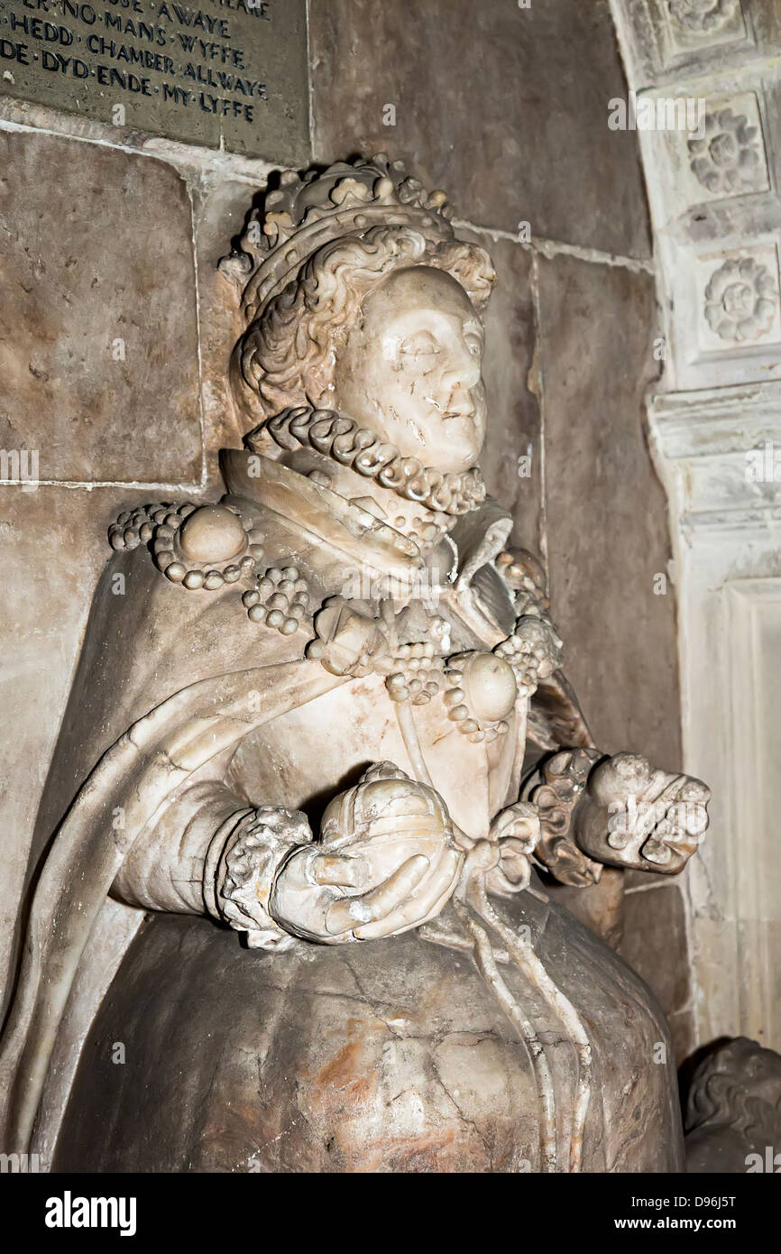 Queen Elizabeth I statue on Blanche Parry's monument, St Faith's church, Bacton, Herefordshire UK Stock Photo