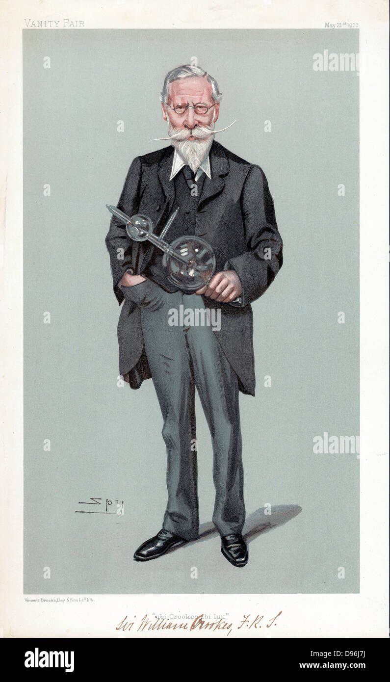 William Crookes (1832-1919) holding discharge tube which carried his name.  British physicist and chemist. Cartoon by 'Spy' (Leslie Ward) from 'Vanity Fair', London, May 1903. Stock Photo