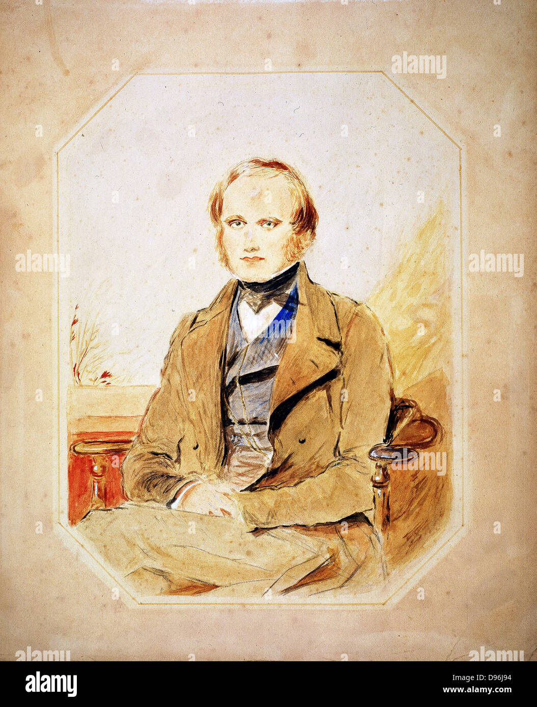 Charles Darwin (1809-82) English naturalist. 'Evolution by Natural Selection'. Watercolour after portrait by George Richmond. Stock Photo