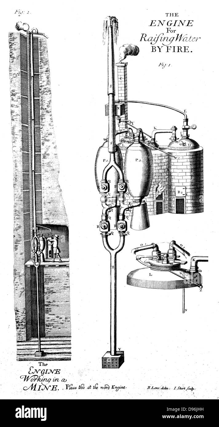 Thomas Savery's steam pump or 'The Miner's Friend' (1702). From John Harris 'Lexicon Technicum', 1726. Engraving Stock Photo