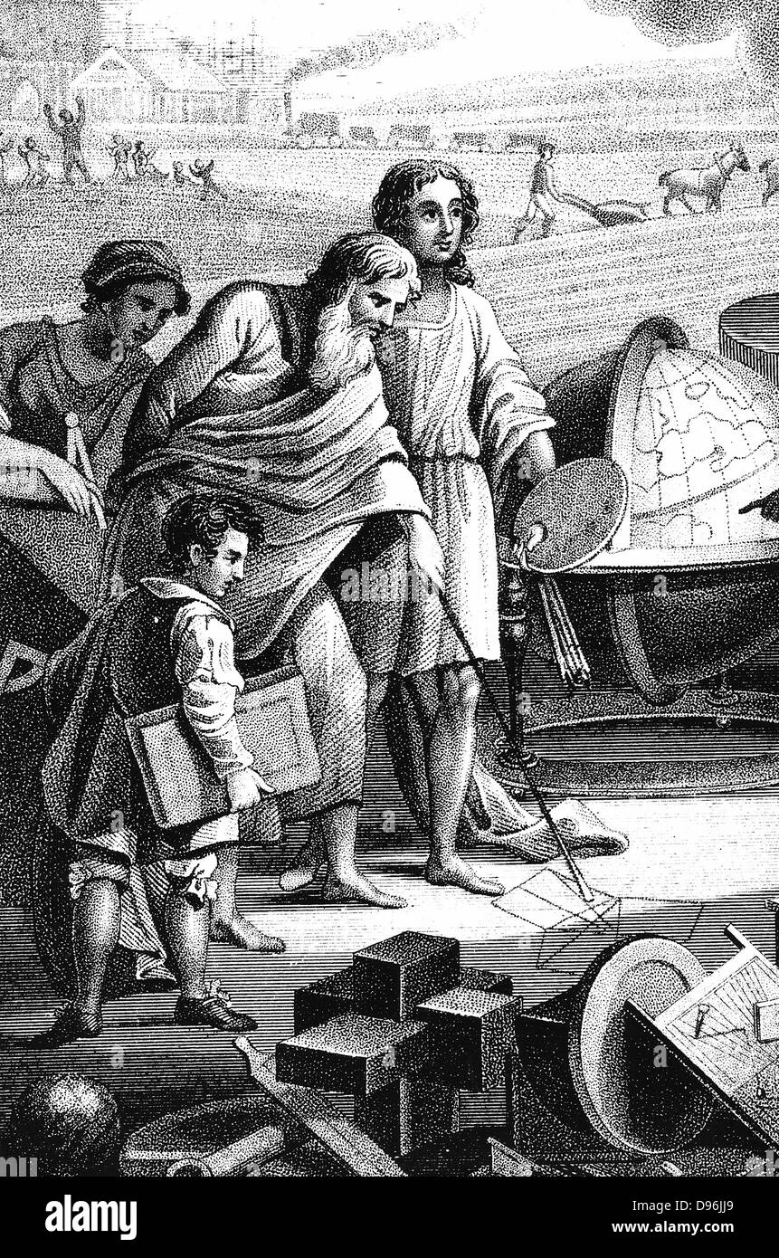 Pythagoras (6th century BC) Ancient Greek mathematician and philosopher, shown drawing in sand his theorem on right-angled triangle. Stipple engraving 1833 Stock Photo