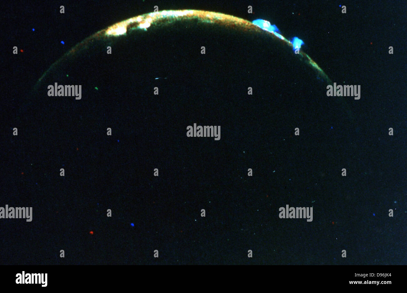 Volcanic eruption on Jupiter's moon, lo. Upper; Plume 5: Lower; Plume 6. Voyager II. NASA photograph. Stock Photo