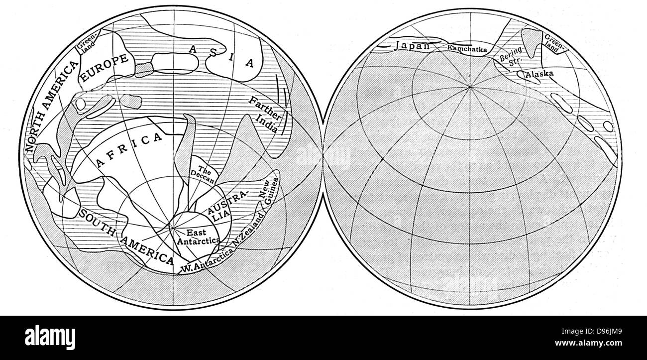 Diagram of the Earth during Carboniferous period. Land - unshaded: Deep sea - diagonal lines: Shallow water - horizontal lines. From an article by Alfred Wegener (1880-1930)  on his theory of Continental Drift (Wegener Hypothesis: 1915) published in 'Discovery', London, 1922. Stock Photo