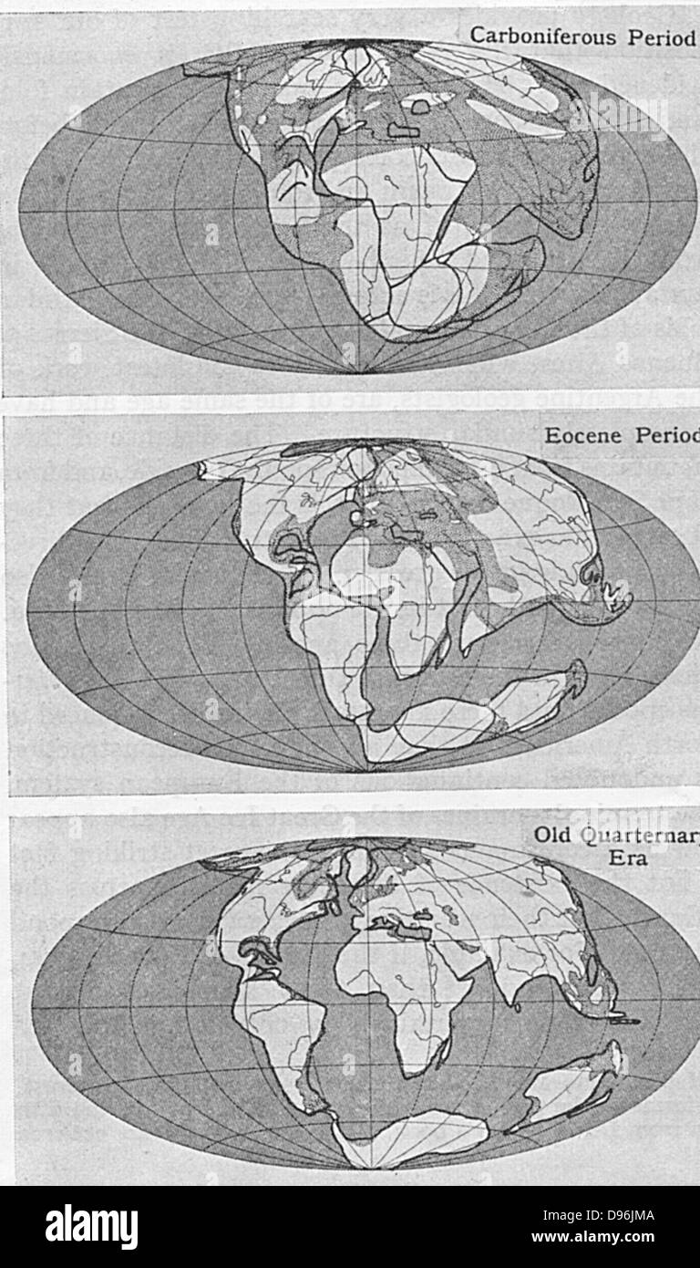 Diagram of continental drift from an article by Alfred Wegener (1880-1930)on his theory of Continental Drift (Wegener Hypothesis: 1915) published in Discovery, London, 1922Engraving. Stock Photo