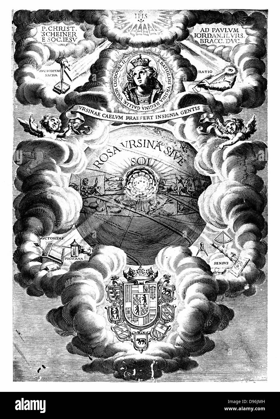 Half-title of Christopher Scheiner 'Rosa Ursina', Bracciano, 1630. German Jesuit and scholar: his studies on sunspots are represented at top right and top left. Stock Photo