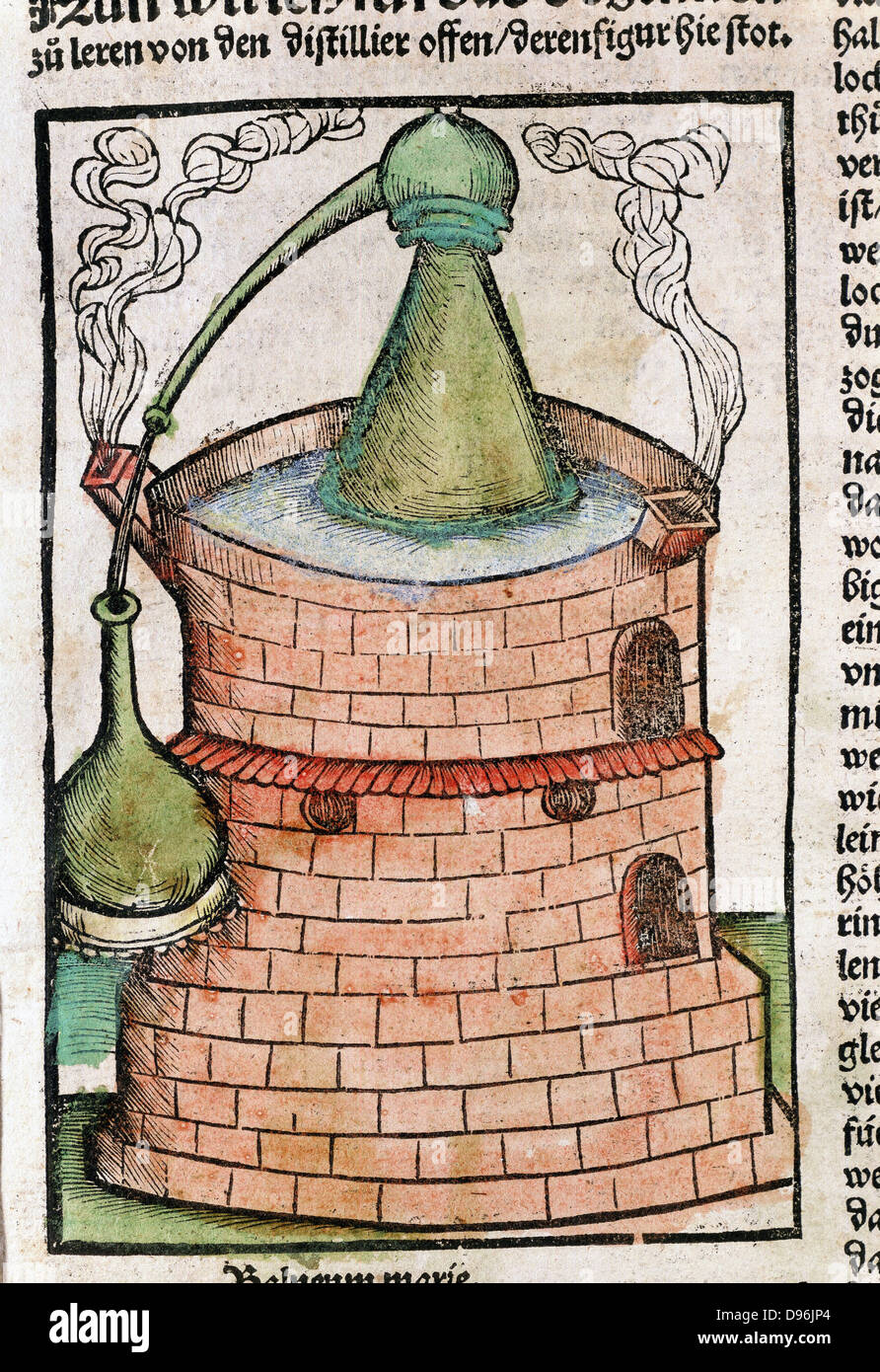 Distillation Still in water bath (bainmarie), showing an Alembic. From Braunschweig 'Liber de
