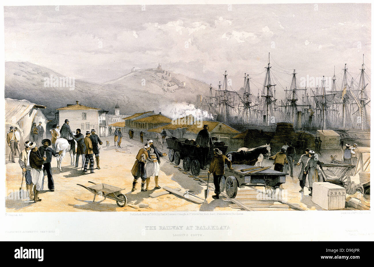 The Railway at Balaklava. From William Simpson 'Illustrations of the War in the East', London 1855-1856. Tinted lithograph. Unloading supplies from shiping in Balaklava harbour. Crimean War (Russo-Turkish War) 1853-1856. Stock Photo