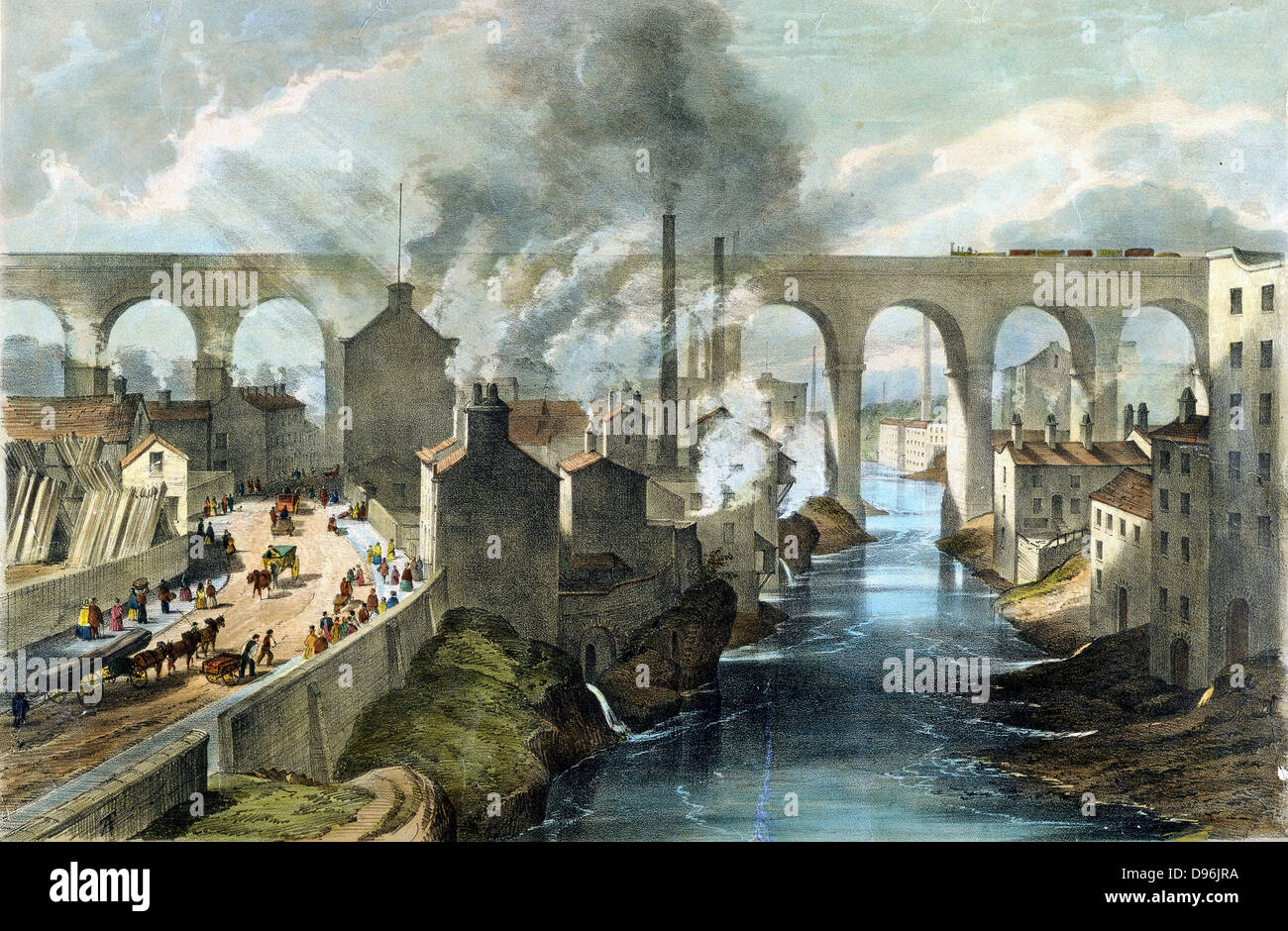 Train crossing Stockport viaduct on London & North Western Railway. Note pollution of river banks, smoking chimneys and complete domination of scene by railway viaduct. Pedestrian and horse traffic on left. Lithograph c1845 Stock Photo